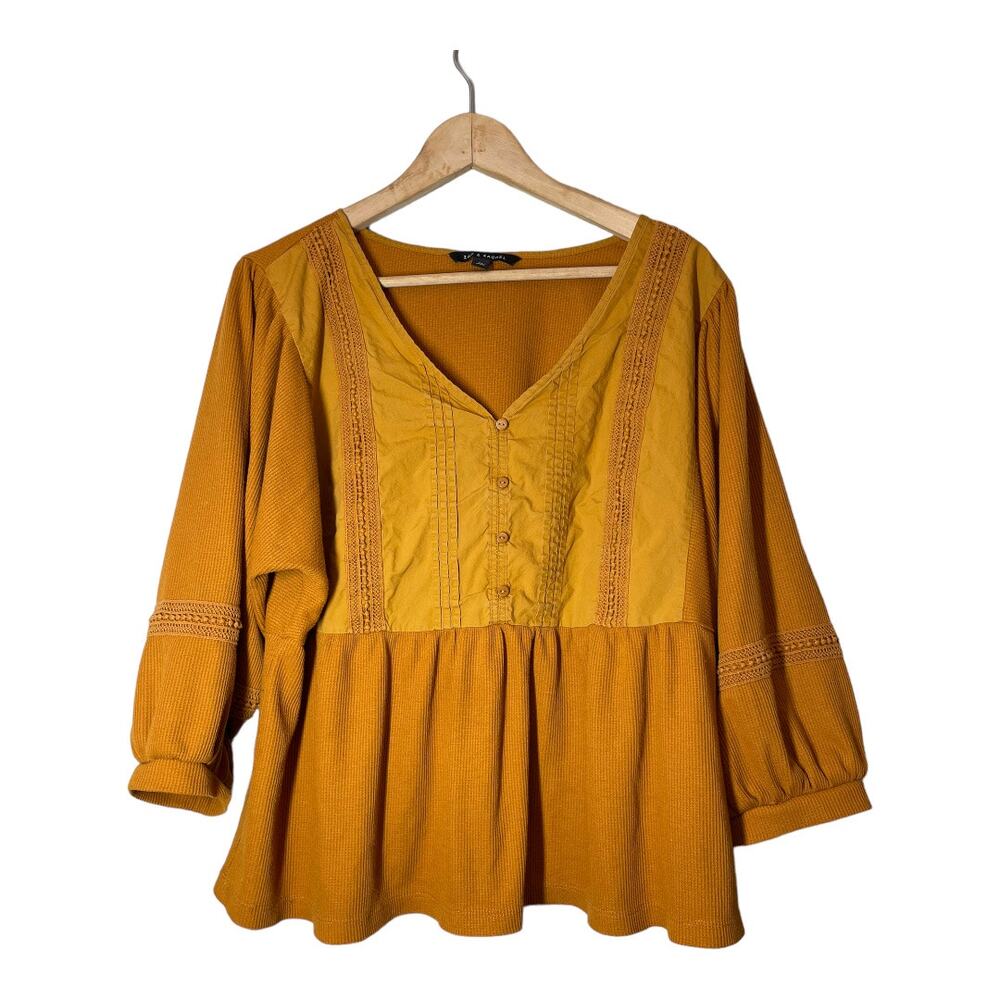 Zac & Rachel  Goldenrod 3/4 Balloon Sleeve Blouse Top Waffle Lace Crochet XL